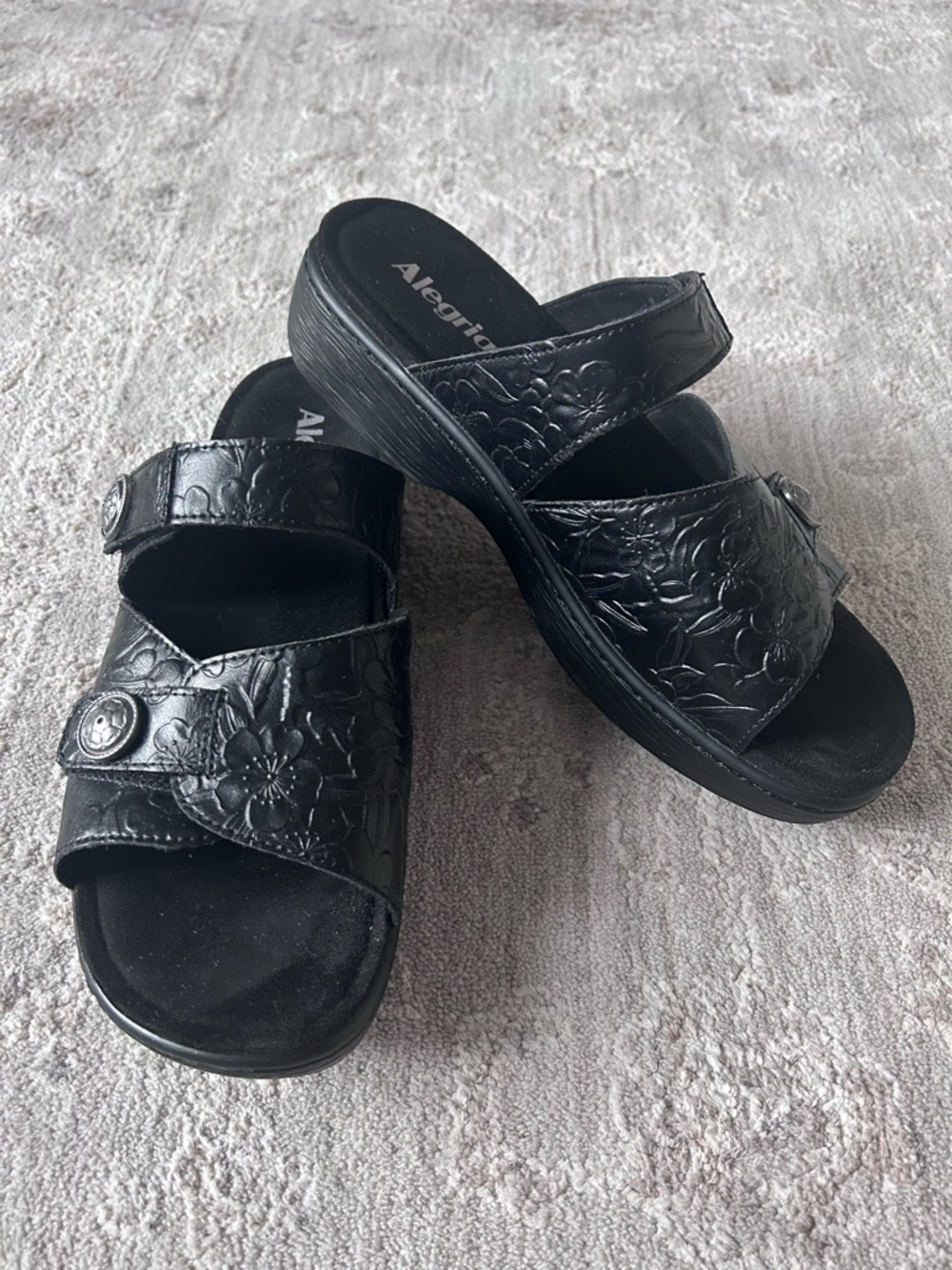 Alegria Krystal Womens Leather Sz 9 Adjustable Strap Slide Slip On Sandals Black